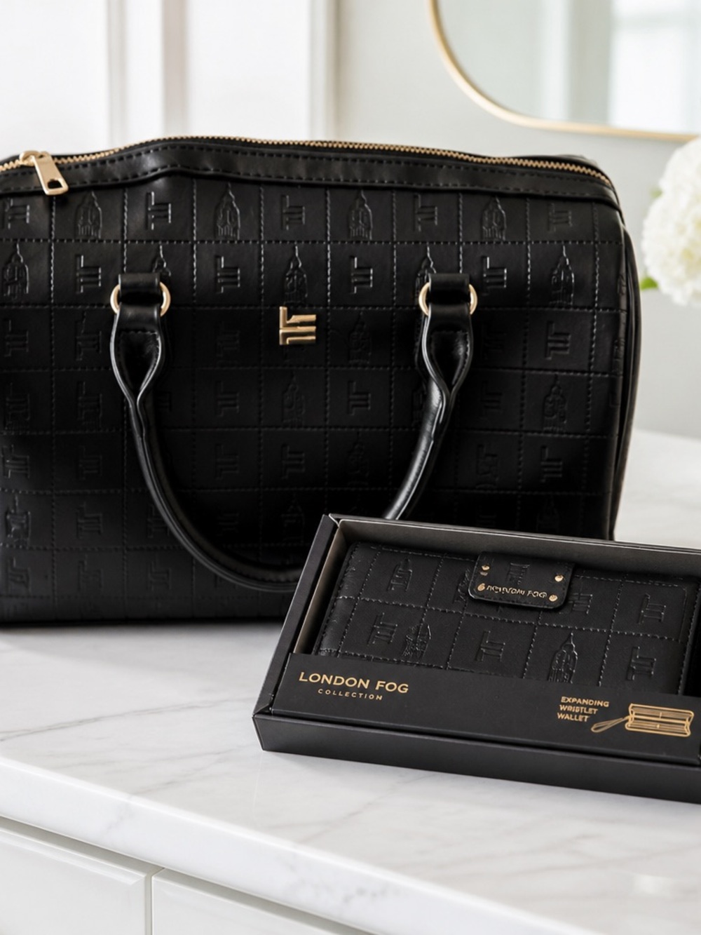 London Fog Black Quilted Zip-Around Wristlet Wallet with matching satchel purse